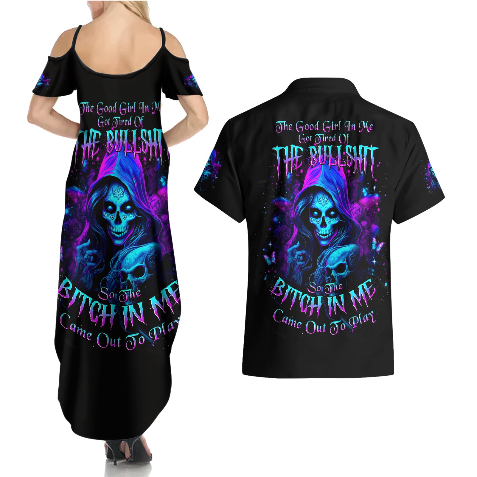 Witch Skull Couples Matching Summer Maxi Dress and Hawaiian Shirt The Good Girl In Me Got Tired Of The Bullshit - Wonder Print Shop