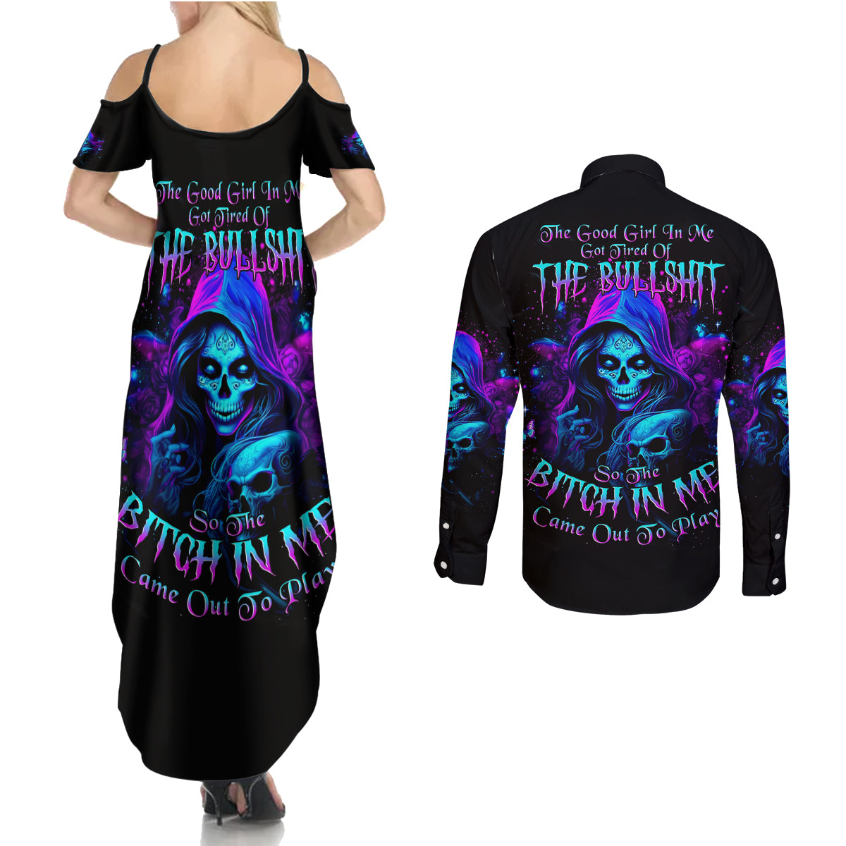 Witch Skull Couples Matching Summer Maxi Dress and Long Sleeve Button Shirt The Good Girl In Me Got Tired Of The Bullshit - Wonder Print Shop