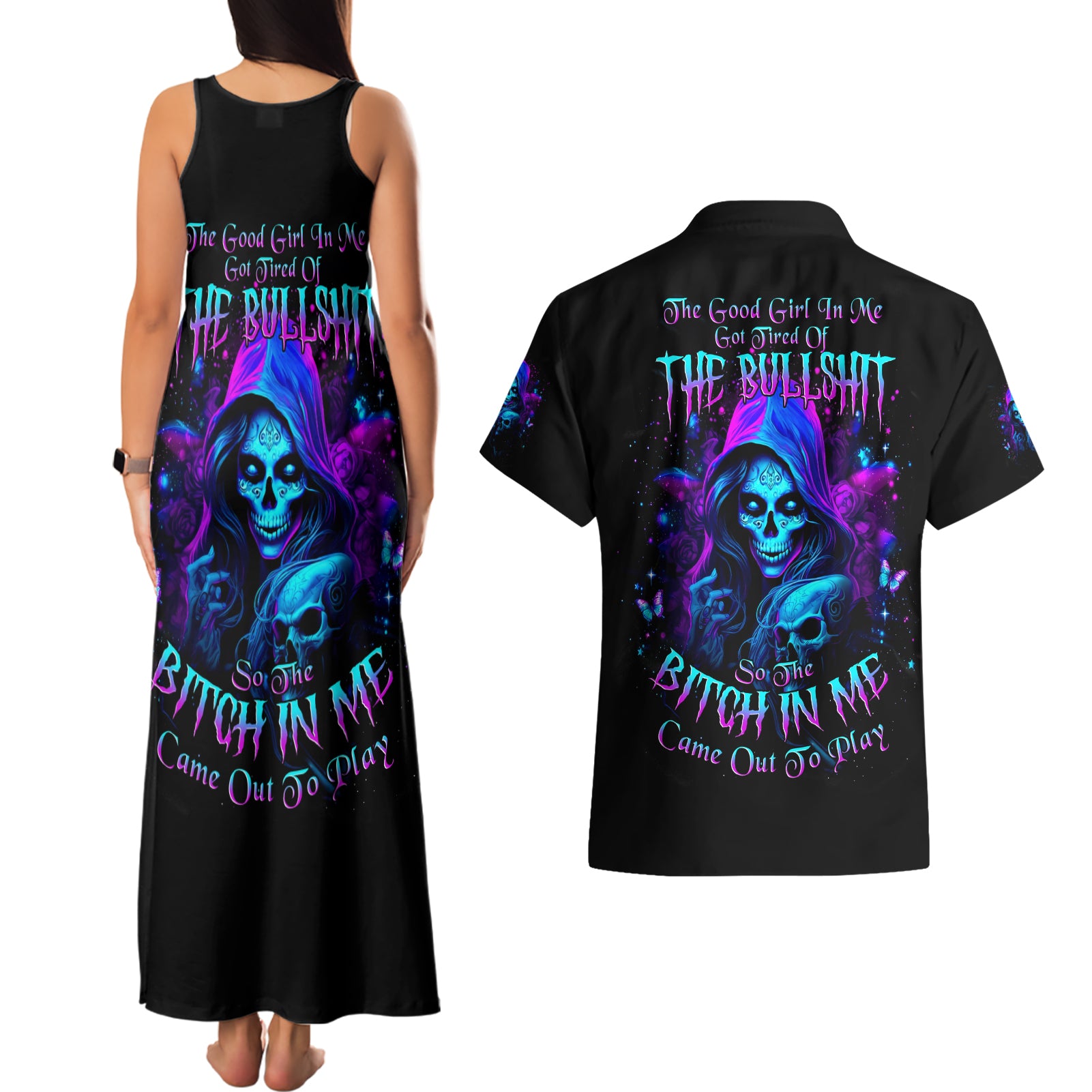 Witch Skull Couples Matching Tank Maxi Dress and Hawaiian Shirt The Good Girl In Me Got Tired Of The Bullshit - Wonder Print Shop