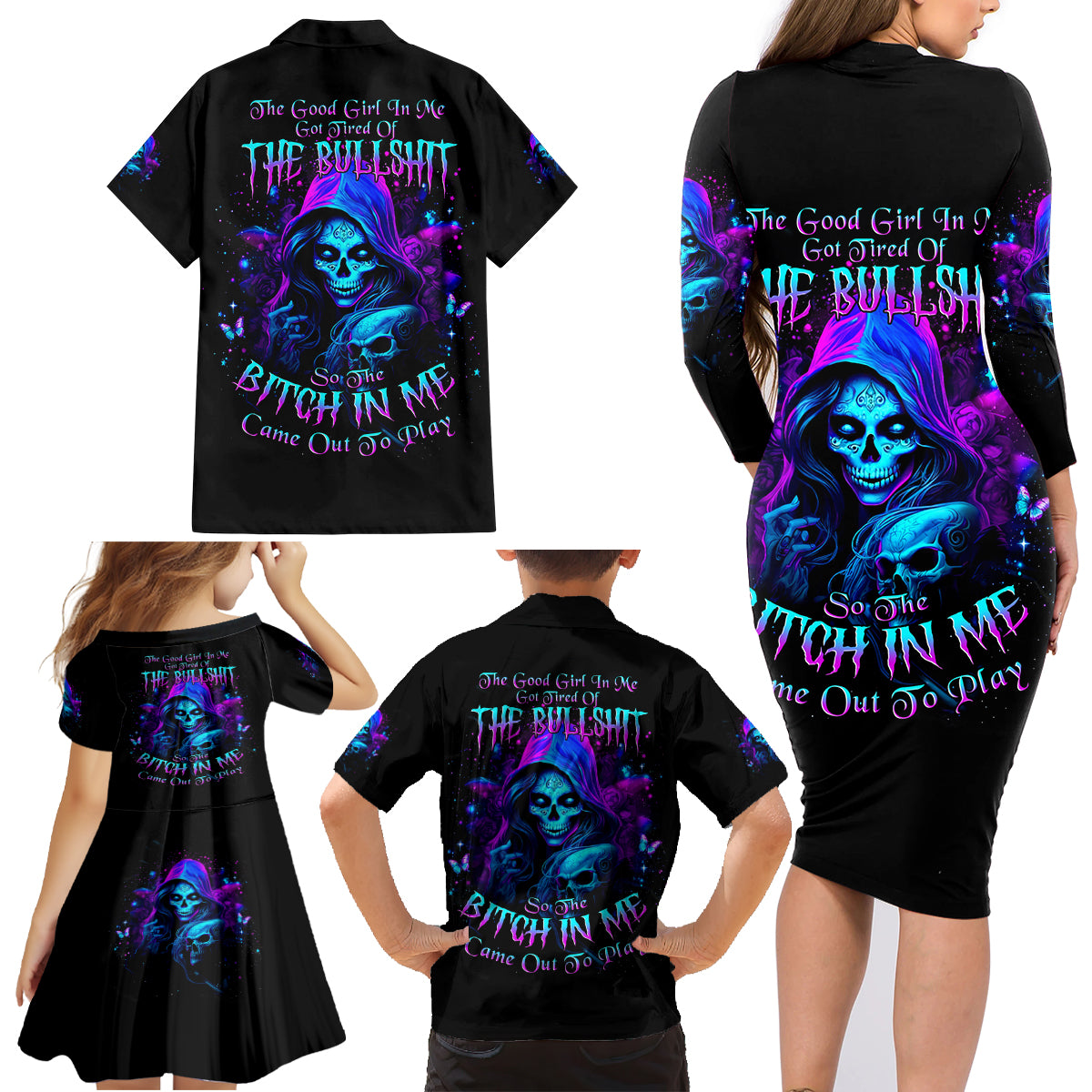 Witch Skull Family Matching Long Sleeve Bodycon Dress and Hawaiian Shirt The Good Girl In Me Got Tired Of The Bullshit - Wonder Print Shop