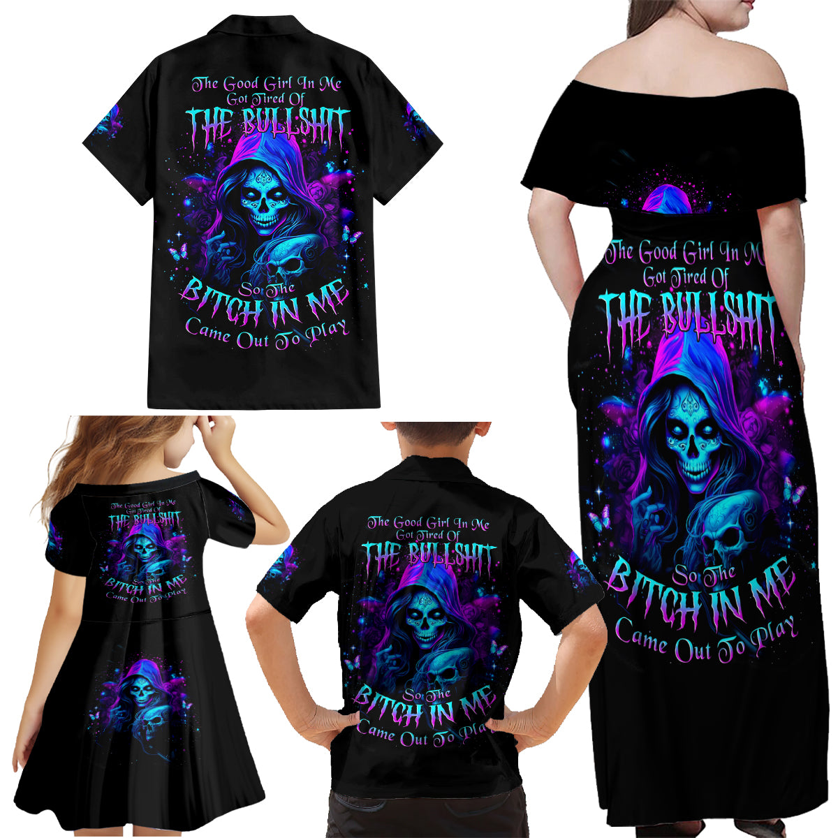 Witch Skull Family Matching Off Shoulder Maxi Dress and Hawaiian Shirt The Good Girl In Me Got Tired Of The Bullshit - Wonder Print Shop