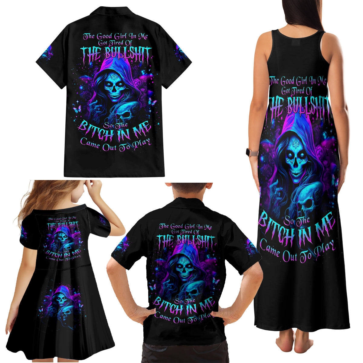 Witch Skull Family Matching Tank Maxi Dress and Hawaiian Shirt The Good Girl In Me Got Tired Of The Bullshit - Wonder Print Shop