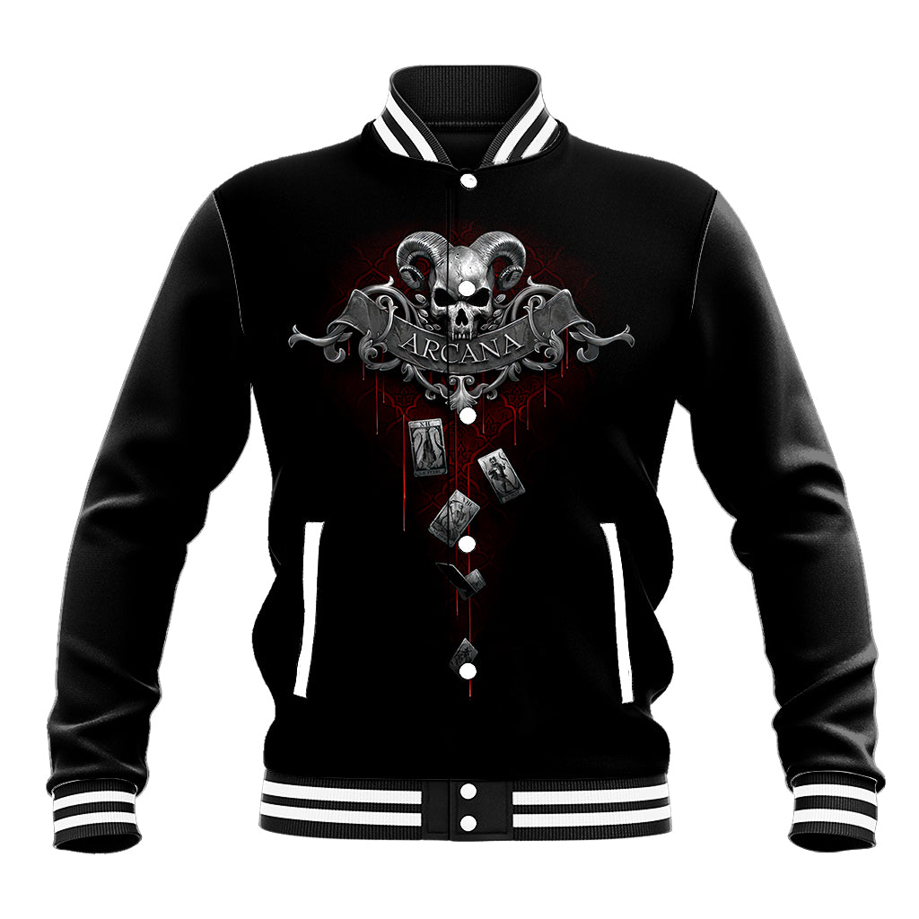 Black baseball jacket with ribbed striped collar, button front, skull graphic