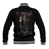Black baseball jacket with ribbed striped cuffs and back reaper artwork with scythe