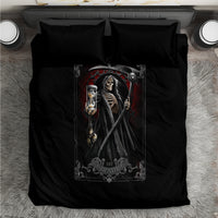 Black duvet bedding set with Death Reaper skeleton graphic and two matching pillowcases