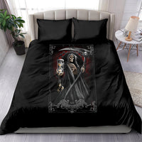 Black duvet bedding set featuring reaper holding scythe, red framed skeleton artwork, two pillows