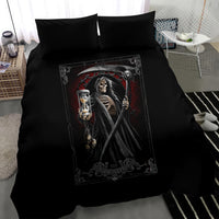 Black duvet bedding set with reaper scythe and lantern skeleton print, two matching pillowcases