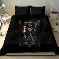 Black duvet bedding set with Death Reaper skeleton artwork on duvet front, two pillowcases