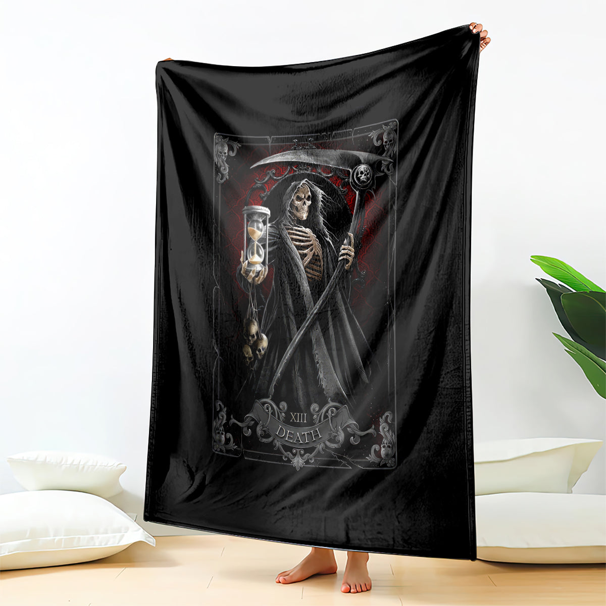 Black reaper skull graphic blanket with skeleton holding lantern and scythe, draped