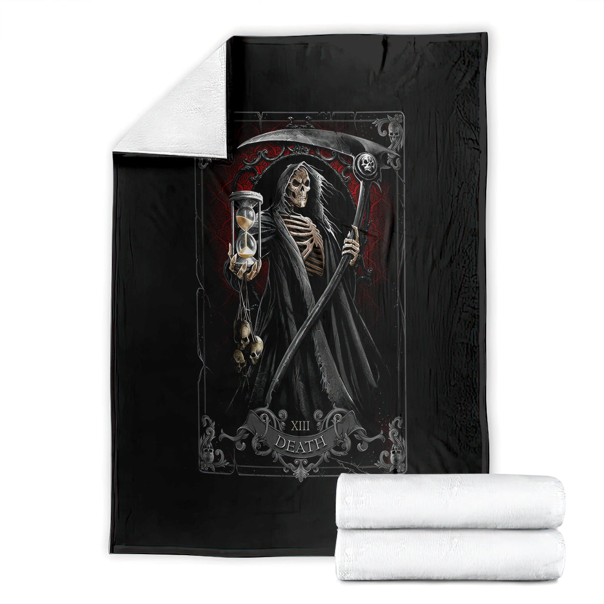 Black skeleton reaper skull blanket with lantern and scythe art, laid flat with folds