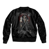 Black satin bomber jacket with ribbed hem and back print of reaper skull figure