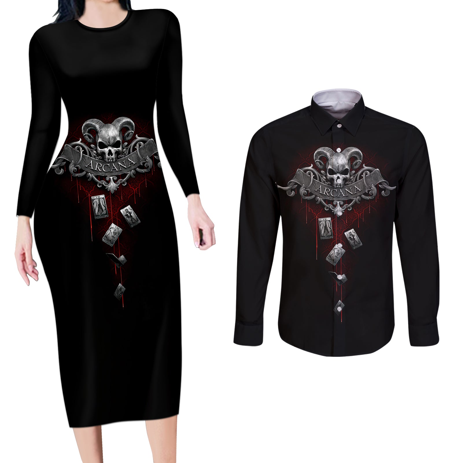 Skull Couples Matching Long Sleeve Bodycon Dress and Long Sleeve Button Shirts Death Reaper Arcana - Wonder Print Shop