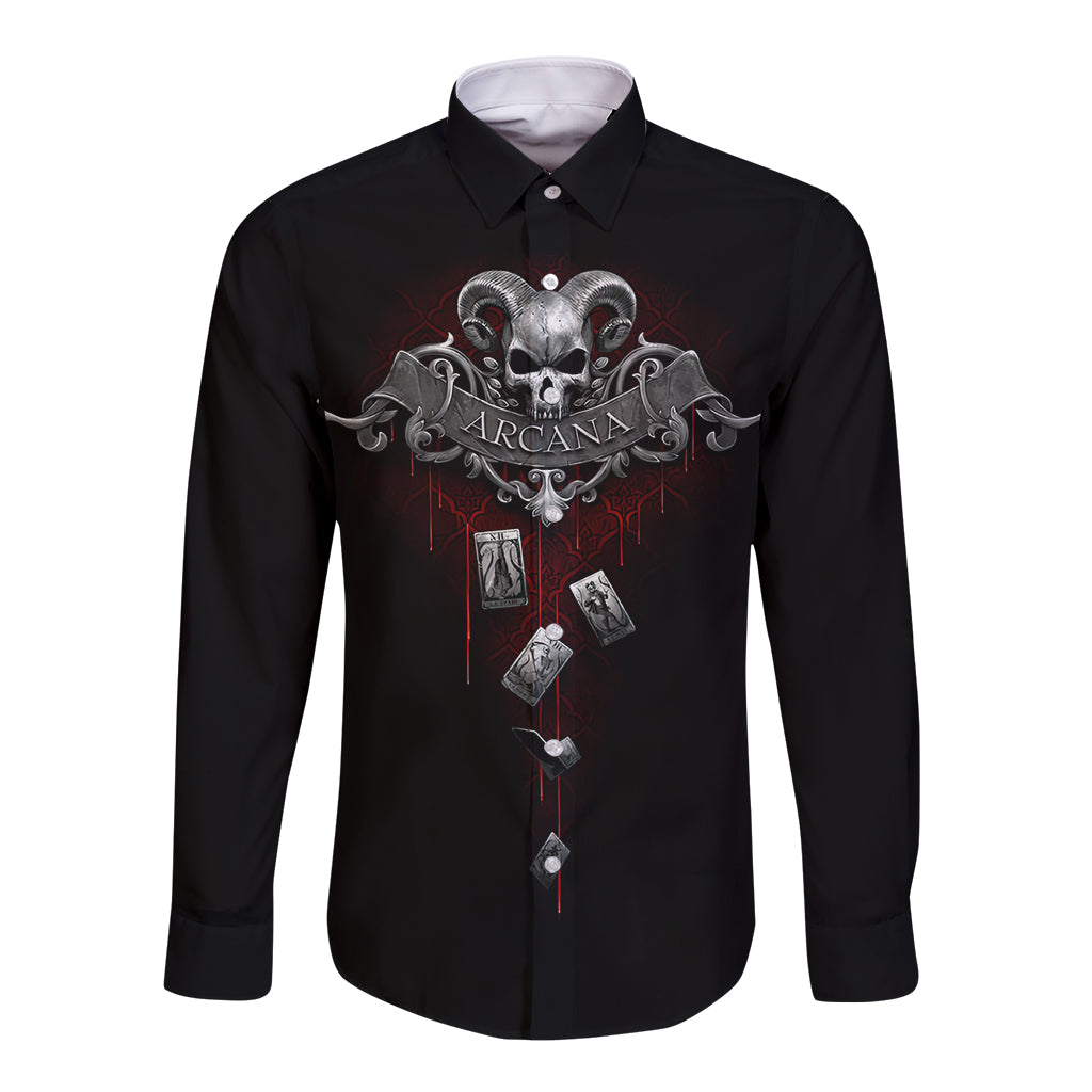 Black long sleeve button shirt with front skull and Arcana graphic, unisex