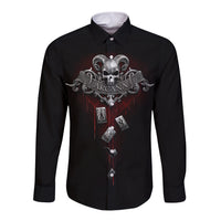 Black long sleeve button shirt with front skull and Arcana graphic, unisex