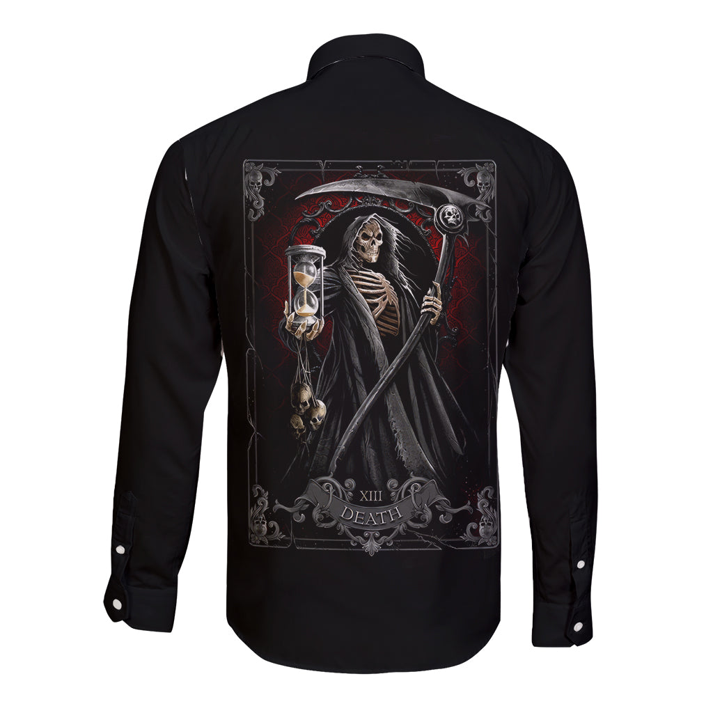 Black long sleeve button shirt with back skeleton skull tarot-style card print, unisex