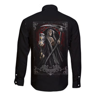 Black long sleeve button shirt with back skeleton skull tarot-style card print, unisex