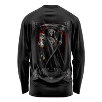Black unisex long-sleeve shirt with back reaper holding staff, skull and red arcane print