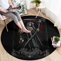 Black round area rug with skeletal figure holding scythe and 'XIII DEATH' banner