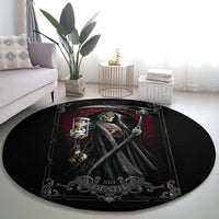 Black round area rug featuring skeletal reaper with scythe, hourglass and 'XIII DEATH'