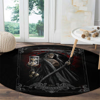 Black round area rug with skeletal reaper in cloak and hourglass, 'XIII DEATH' lettering