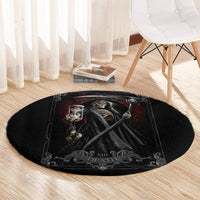 Black round area rug with skeletal skull figure and scythe, hourglass, 'XIII DEATH' text