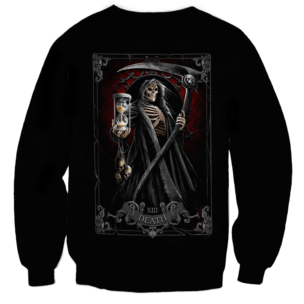 Black unisex sweatshirt with hooded reaper and hourglass back print