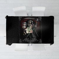 Black gothic tablecloth with central reaper and skull graphic, rectangular design.