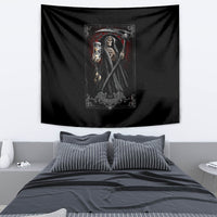 Black death reaper tarot tapestry wall hanging with skeletal figure and lantern