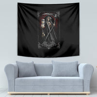 Black death reaper tarot tapestry with hooded skeleton holding lantern and scythe