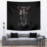 Black death reaper tarot tapestry wall hanging with skeletal figure and candle lantern
