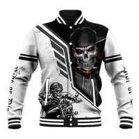 White and black baseball jacket with skull graphic, button front, striped collar and cuffs.