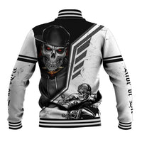 White and black baseball jacket back with skull and biker graphic, striped collar and cuffs.