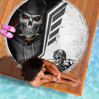 White round beach blanket with fringed border, skull face and biker illustration