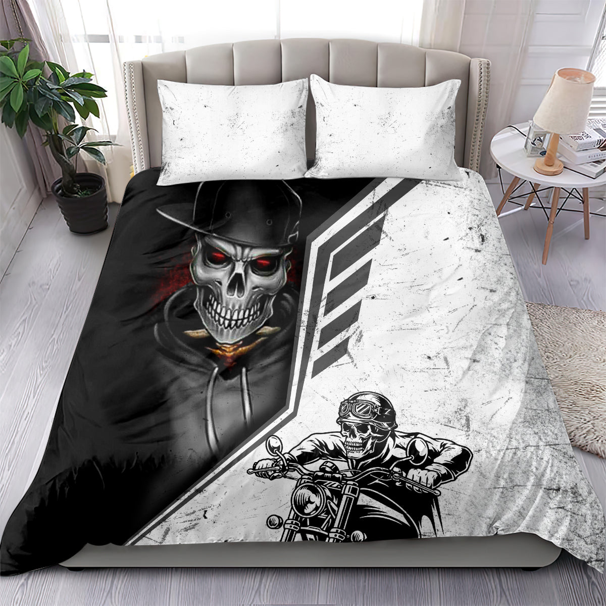 Black and white skull motorcycle rider duvet with two pillowcases