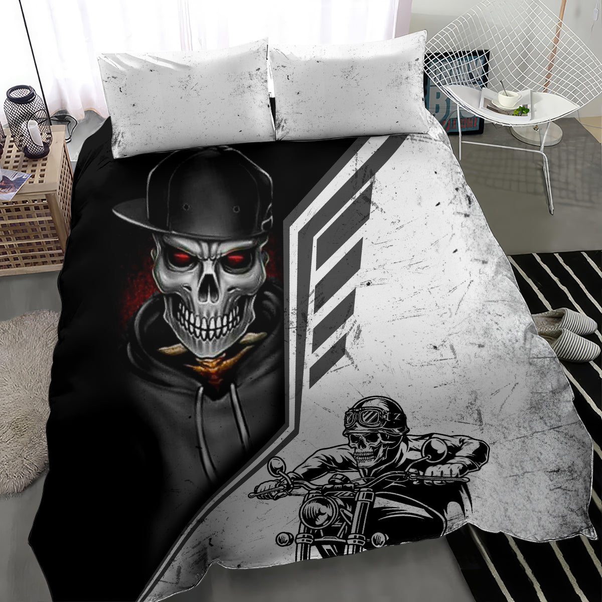 Skull motorcycle rider bedding set showing large rider graphic and 2 pillowcases
