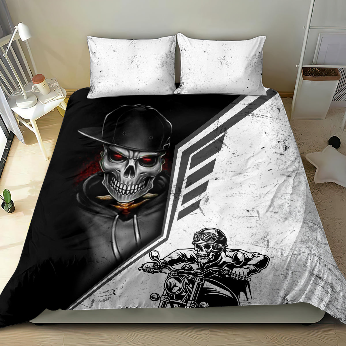 Skull motorcycle rider duvet with two white pillowcases, black and gray print