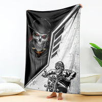 Black and white skull and motorcycle rider blanket with diagonal stripe graphic