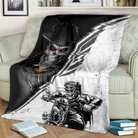 Black and white skull and motorcycle rider blanket draped over seat