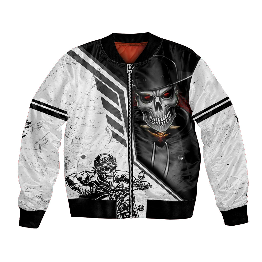 Unisex bomber jacket with front zipper, black and white, skull and stripe rider print