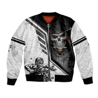 Unisex bomber jacket with front zipper, black and white, skull and stripe rider print
