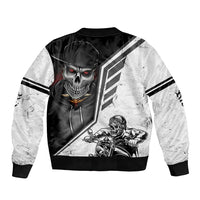 Unisex bomber jacket, black and white back print with skull face and racing rider graphic