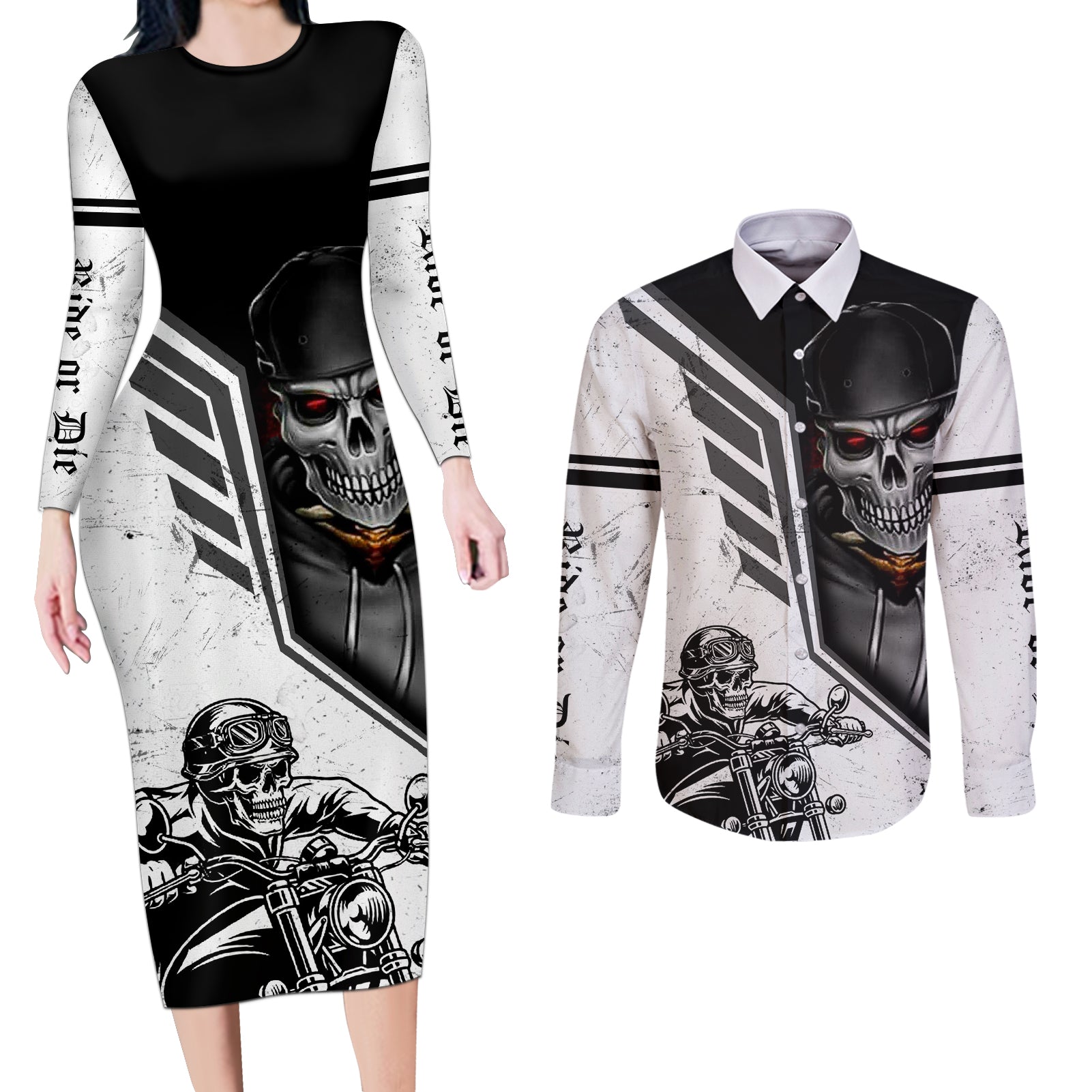 Skull Couples Matching Long Sleeve Bodycon Dress and Long Sleeve Button Shirts Riding Motocycle - Wonder Print Shop