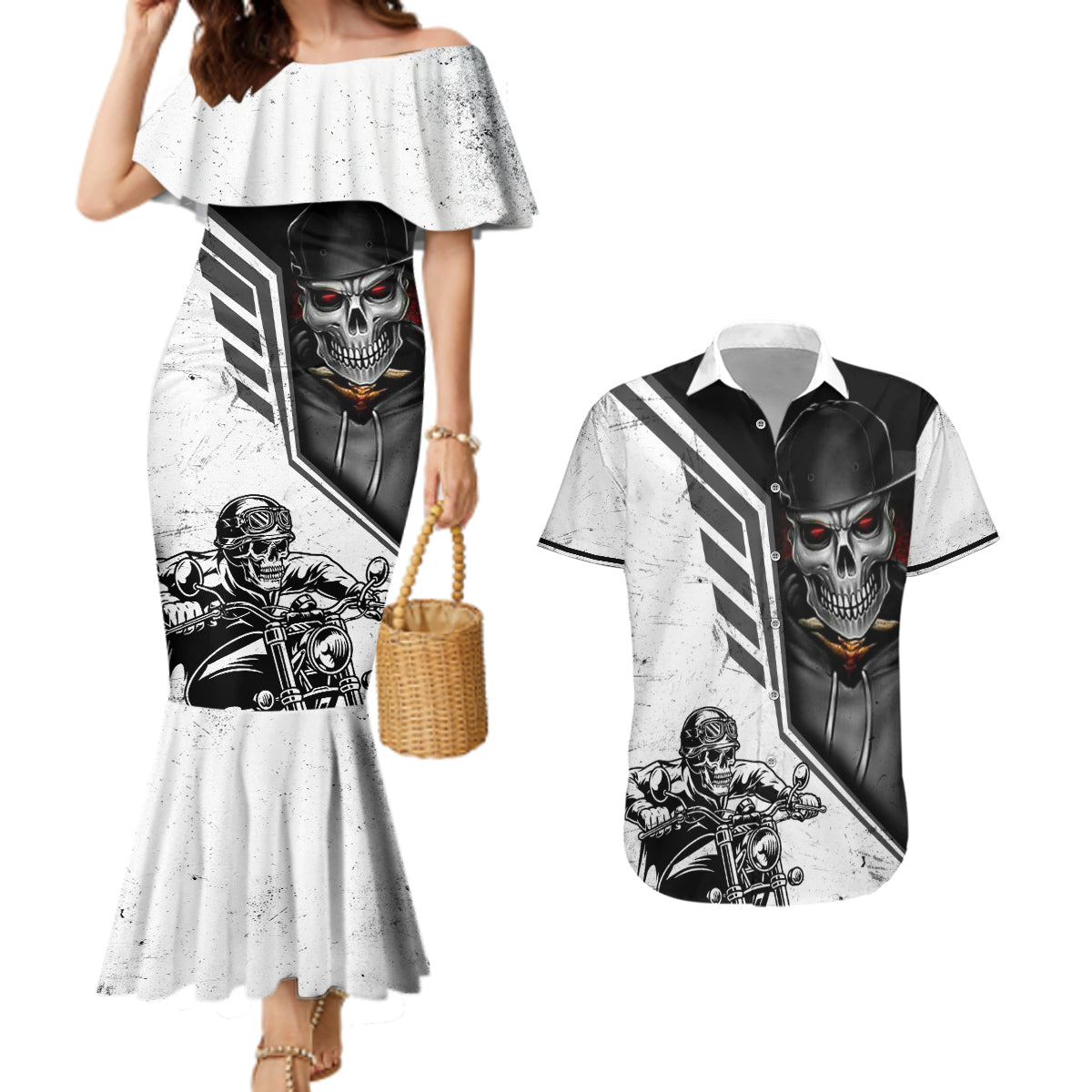 Skull Couples Matching Mermaid Dress And Hawaiian Shirt Riding Motocycle - Wonder Print Shop