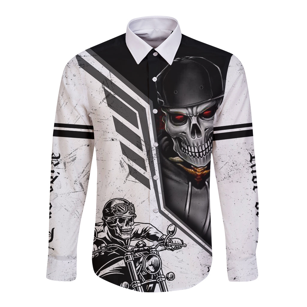 Long-sleeve button shirt, white-and-black skull and biker print, chest buttons