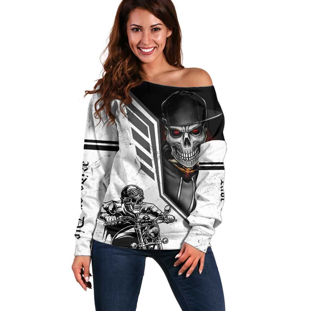 Skull Off Shoulder Sweater Riding Motocycle - Wonder Print Shop