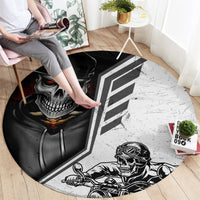 Round skull and biker graphic carpet with bold white stripe and helmeted skull
