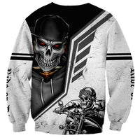 Unisex skull riding motorcycle sweatshirt, back view with skull helmet and biker graphic