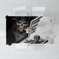 Rectangular tablecloth with black skull, motorcycle graphic, white and gray marbled print