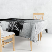Rectangular tablecloth with black motorcycle illustration on white and gray speckled background