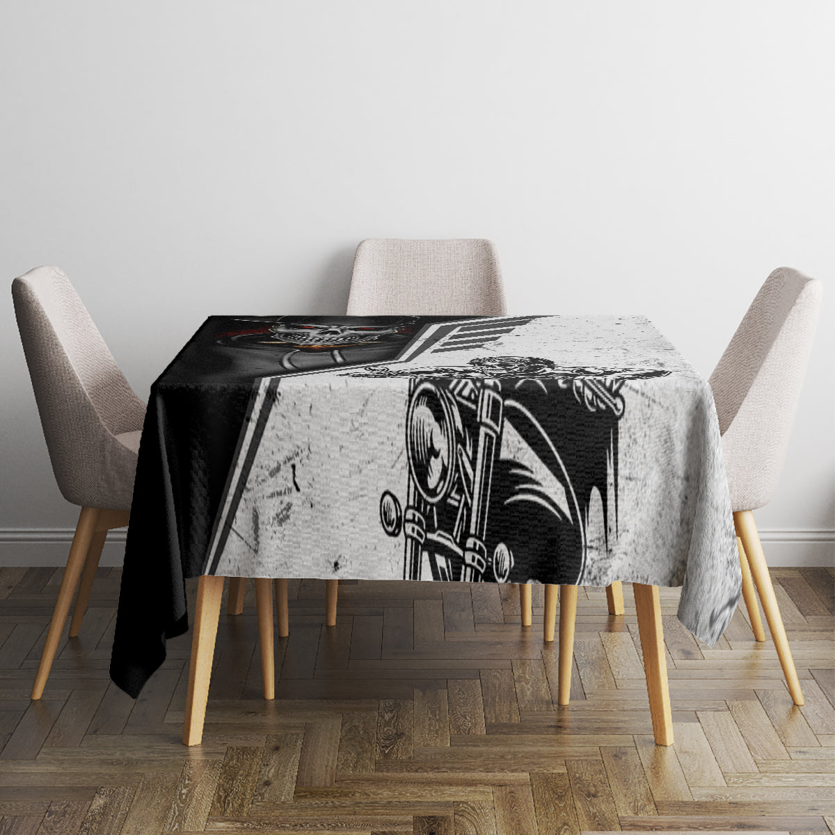 Rectangular tablecloth with black motorcycle engine graphic and red-eyed skull on white base